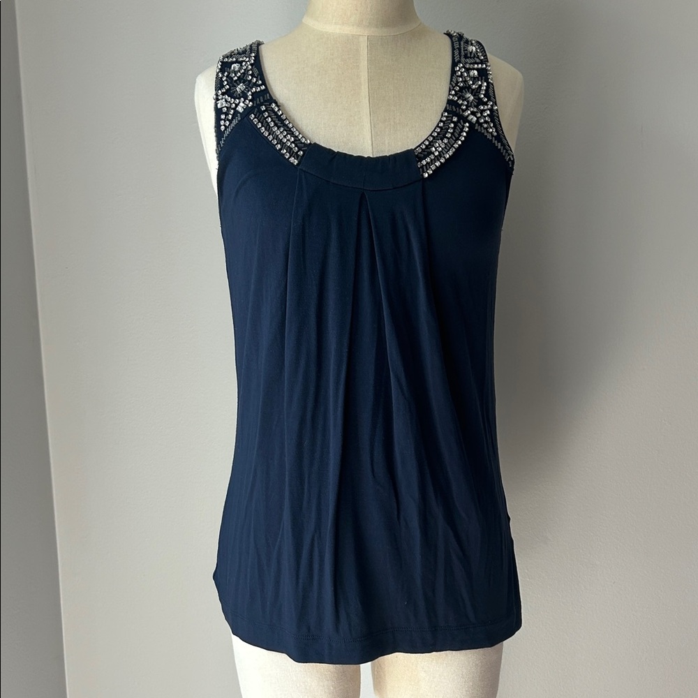 Jennifer Lopez Navy Embellished Rhinestone Tank Top, Scoop neck, Women’s XS